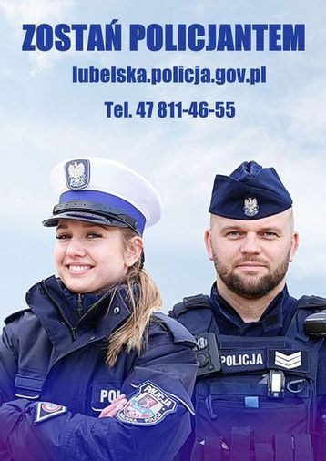 Baner na którym widać dwoje policjantów i napis zostań policjantem.