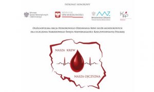 Czerwony kontur mapy Polski z kroplą krwi i hasłem: NASZA KREW NASZA OJCZYZNA