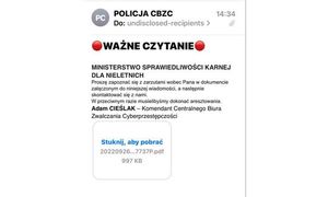 Centralne Biuro Zwalczania Cyberprzestępczości przestrzega przed nowym sposobem oszustwa wykorzystywanym przez cyberprzestępców. Rozsyłają oni e-maile wykorzystując wizerunek Centralnego Biura Zwalczania Cyberprzestępczości, a także Policji.