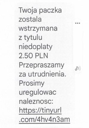 wiadomość sms informująca o niedopłacie za przesyłkę