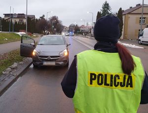 policjantka na miejscu wypadku drogowego, obok Opel który potrącił pieszą, w oddali radiowóz