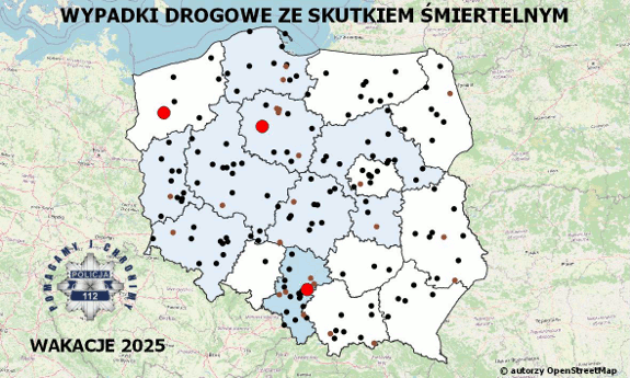 mapa Polski z zaznaczonymi punktami gdzie doszło do wypadków drogowych