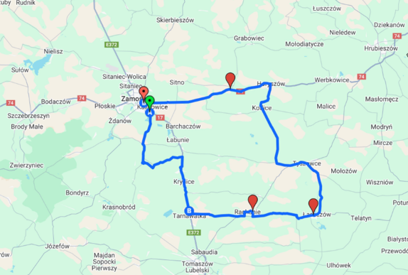 Mapa z trasą przejazdu kolarzy w dniu 19 sierpnia 2025 r.
