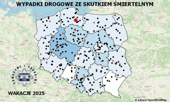 mapa Polski z zaznaczonymi punktami gdzie doszło do wypadków drogowych minionej doby