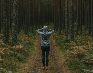 zdjęcie przedstawiające osobę w środku lasu,