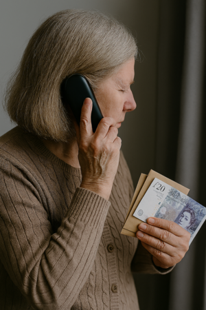 zdjęcie poglądowe starszej kobiety która rozmawia przez telefon i trzyma w ręku pieniądze