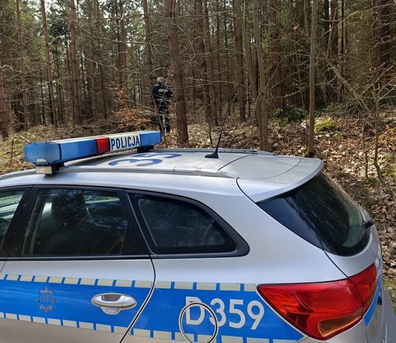radiowóz na tle lasu gdzie odnaleziono zaginioną