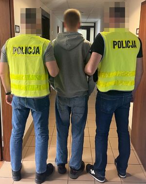 policjanci prowadzą osobę zatrzymaną