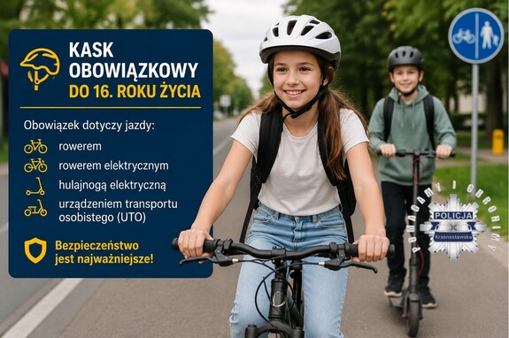 dziewczynka w kasku na rowerze, chłopiec na hulajnodze