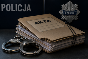 grafika przedstawiająca akta i kajdanki, w oddali napis policja
