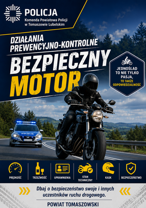plakat akcji "bezpieczny motor: na drogach powiatu tomaszowskiego