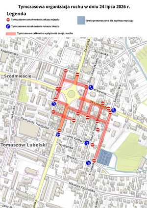 mapa utrudnień na ulicach miasta Tomaszów Lubelski w związku z wyścigami kolarskimi w dniu 24 lipca 2026 r.