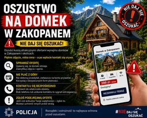 grafika z przestrogą dotycząca oszustwa na domek w Zakopanem