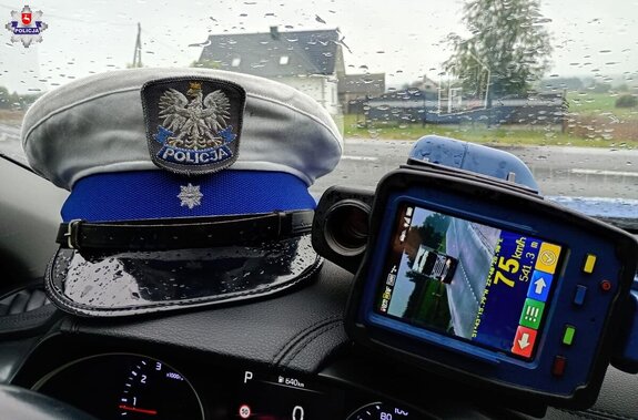 czapka policyjna i urządzenie do pomiaru prędkości