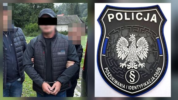 kolaż dwóch zdjęć, na zdjęciu z lewej strony wizerunek zatrzymanego poszukiwanego, po prawej tarcza z napisem policja poszukiwania i identyfikacja osób